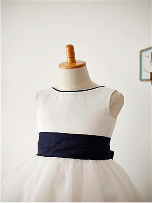 Sleeveless Bowknot Scoop Tea-Length Tulle A-line/Princess Flower Girl Dresses