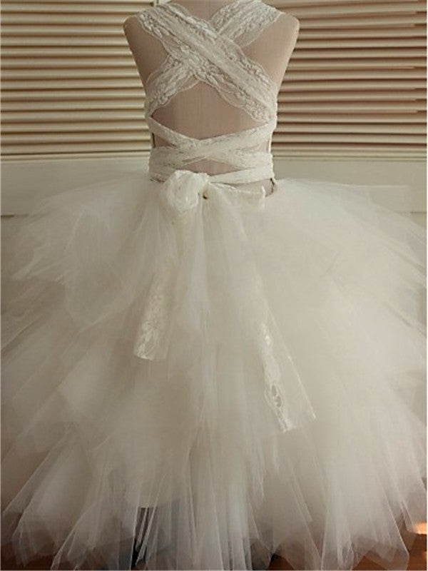 Gown Ball Ankle-Length Tulle Lace Sleeveless Scoop Flower Girl Dresses