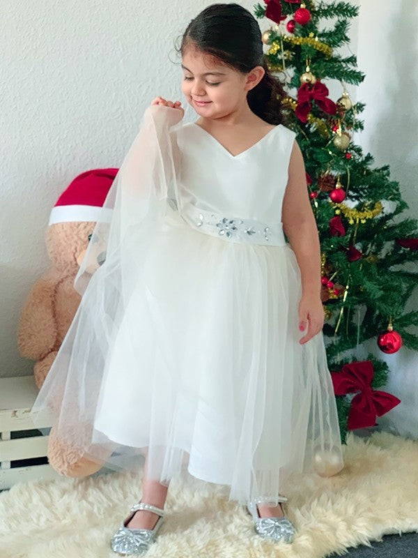 Tulle V-neck Sleeveless Knee-Length A-Line/Princess Bowknot Flower Girl Dresses