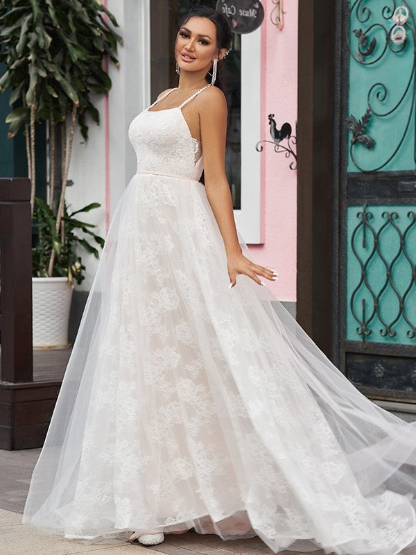 Straps Lace A-Line/Princess Sweep/Brush Sleeveless Ruffles Spaghetti Train Wedding Dresses