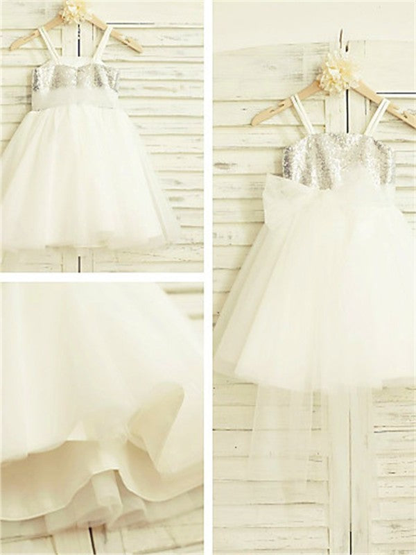 Tulle Sequin Spaghetti Sleeveless Tea-Length A-line/Princess Straps Flower Girl Dresses