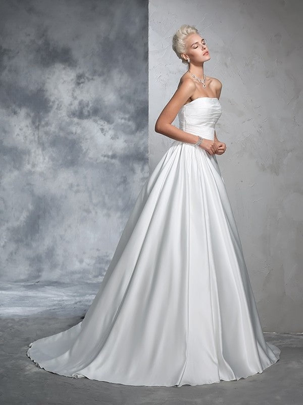 Strapless Gown Ruched Long Sleeveless Ball Satin Wedding Dresses