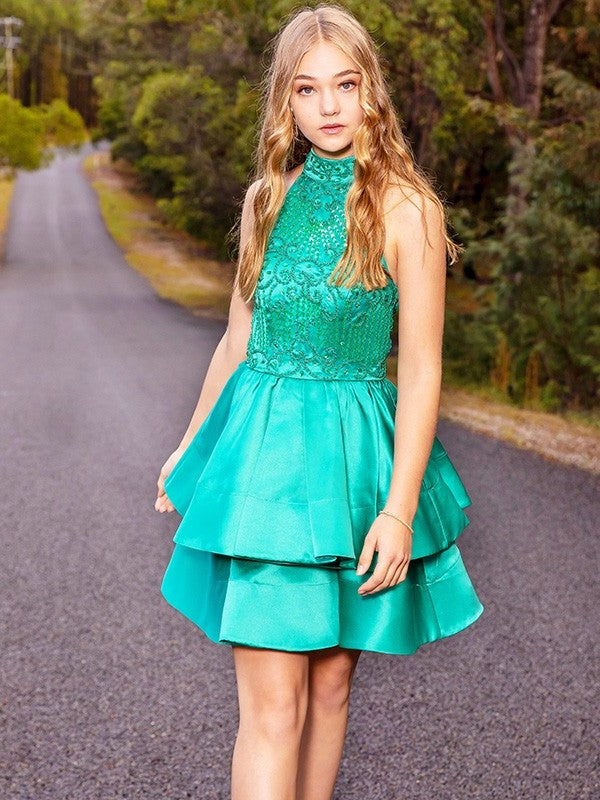 Sleeveless Satin Jewel A-Line/Princess Beading Short/Mini Homecoming Dresses