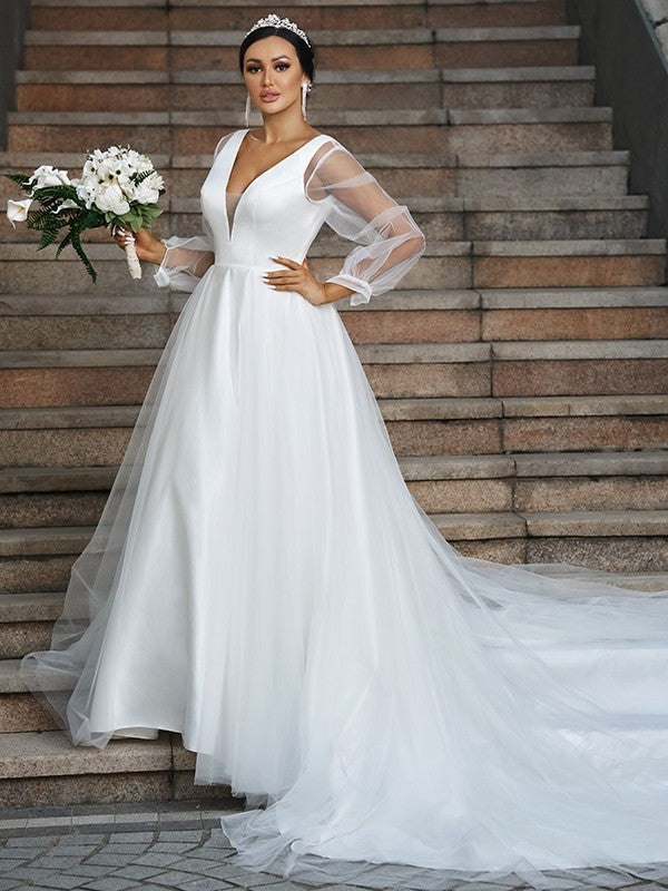 Tulle V-neck Long Ruffles Sleeves A-Line/Princess Court Train Wedding Dresses