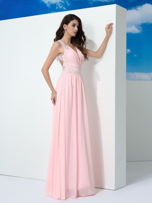 Beading A-Line/Princess Sleeveless Straps Long Chiffon Dresses