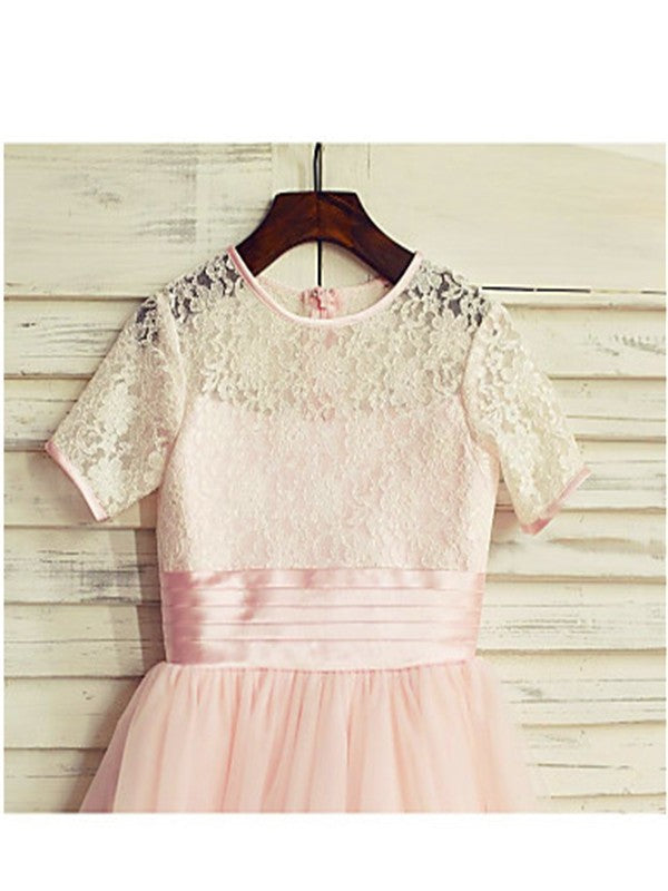 Lace Short A-line/Princess Tulle Sleeves Tea-Length Jewel Flower Girl Dresses