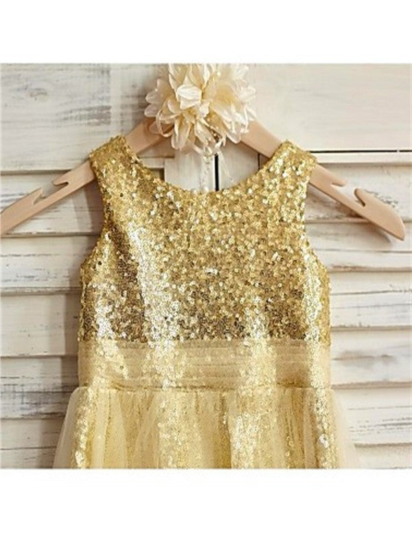 Tea-Length Scoop Sleeveless Ruffles A-line/Princess Sequins Flower Girl Dresses