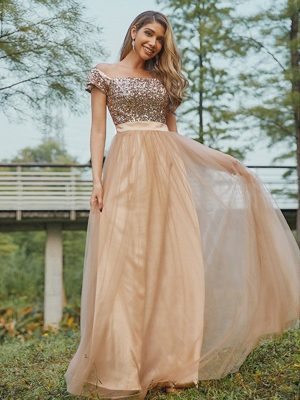 A-Line/Princess Off-the-Shoulder Tulle Sequin Sleeveless Floor-Length Bridesmaid Dresses