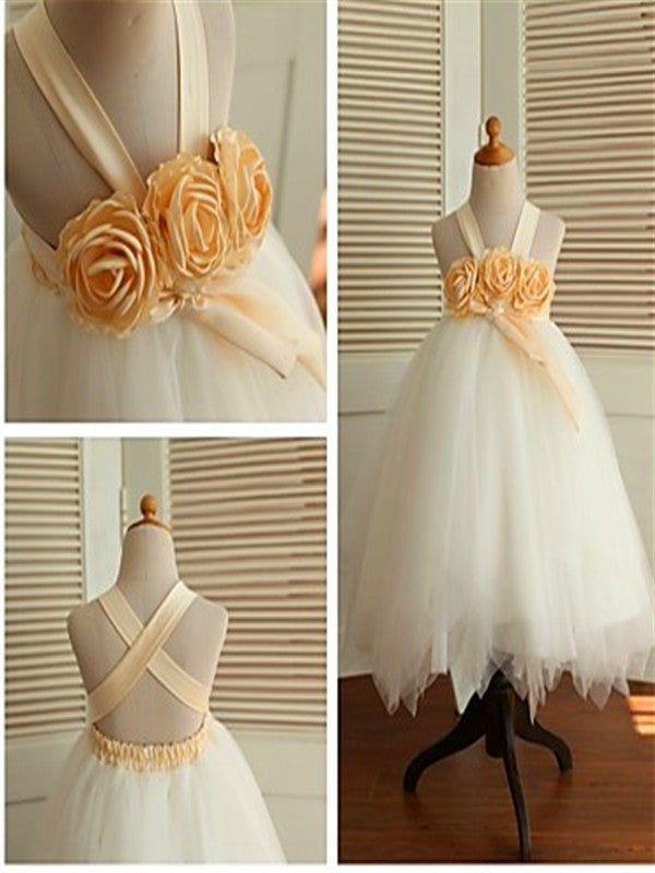 Ball Tea-Length Hand-made Straps Tulle Sleeveless Gown Flower Flower Girl Dresses