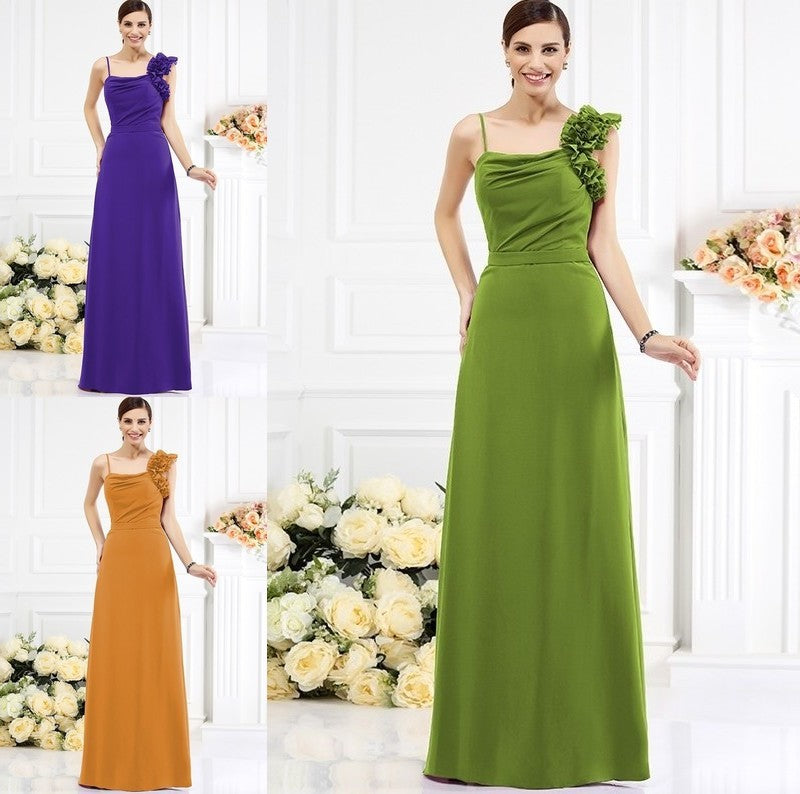 Spaghetti Hand-Made Sheath/Column Long Flower Sleeveless Straps Chiffon Bridesmaid Dresses