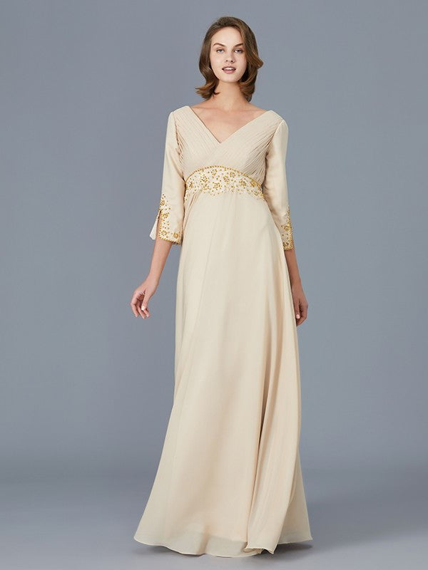 V-neck of Floor-Length A-Line/Princess Mother Chiffon Ruffles the Bride Dresses