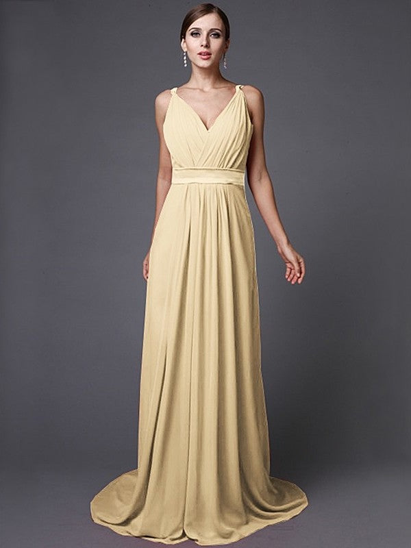 Long Ruffles A-Line/Princess Sleeveless V-neck Chiffon Bridesmaid Dresses