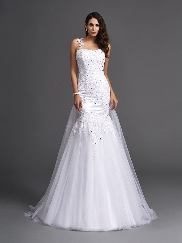 Straps Beading Long Trumpet/Mermaid Sleeveless Net Wedding Dresses