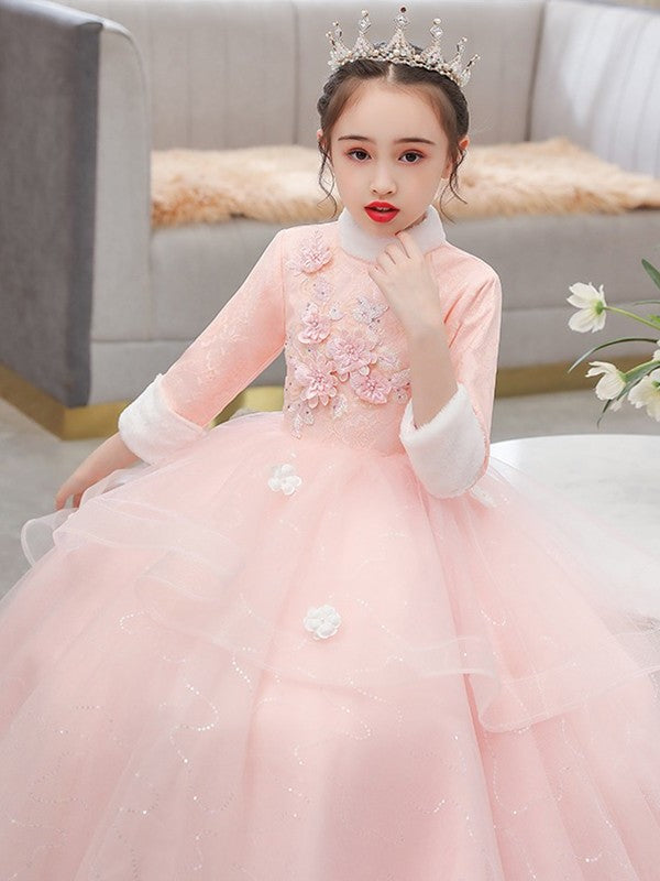 3/4 Sleeves Neck High Flower Hand-Made A-Line/Princess Tulle Floor-Length Flower Girl Dresses