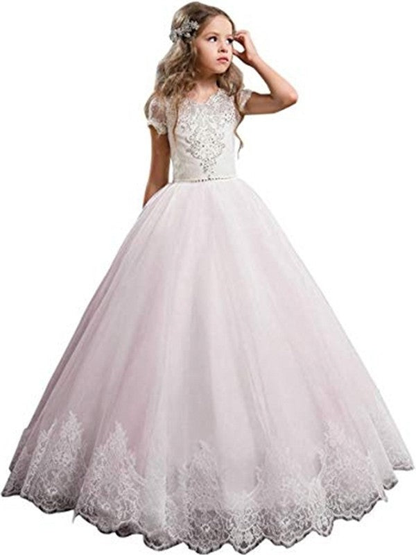 Gown V-neck Sleeves Tulle Short Floor-Length Lace Ball Flower Girl Dresses