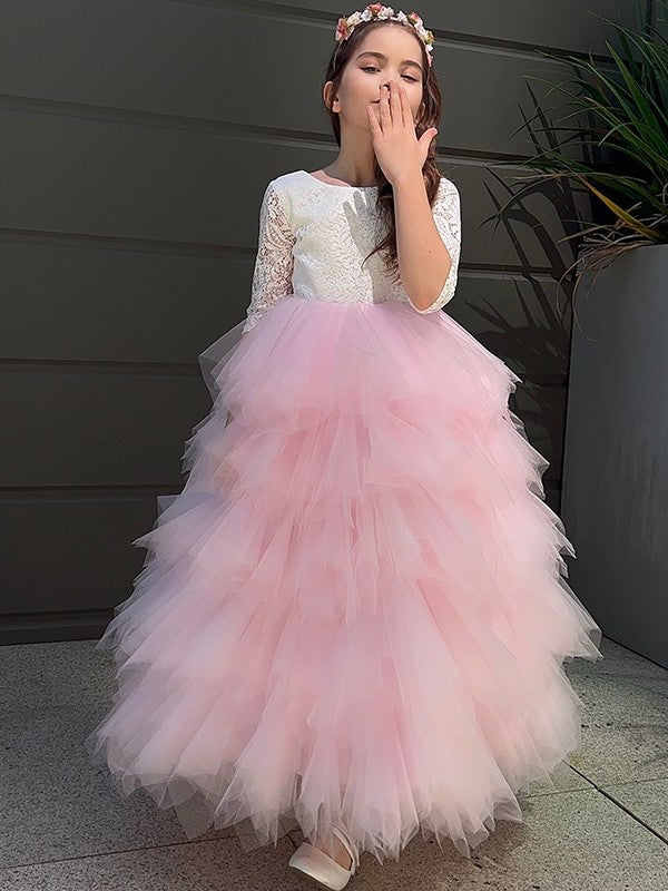 Sleeves 3/4 A-Line/Princess Tulle Scoop Lace Ankle-Length Flower Girl Dresses