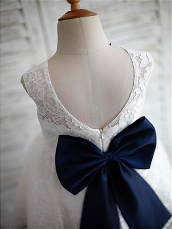 A-line/Princess Lace Sleeveless Bowknot Scoop Tea-Length Flower Girl Dresses