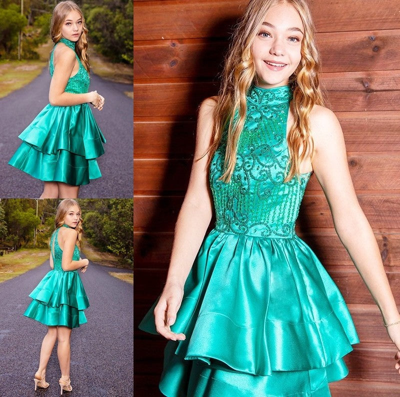 Sleeveless Satin Jewel A-Line/Princess Beading Short/Mini Homecoming Dresses