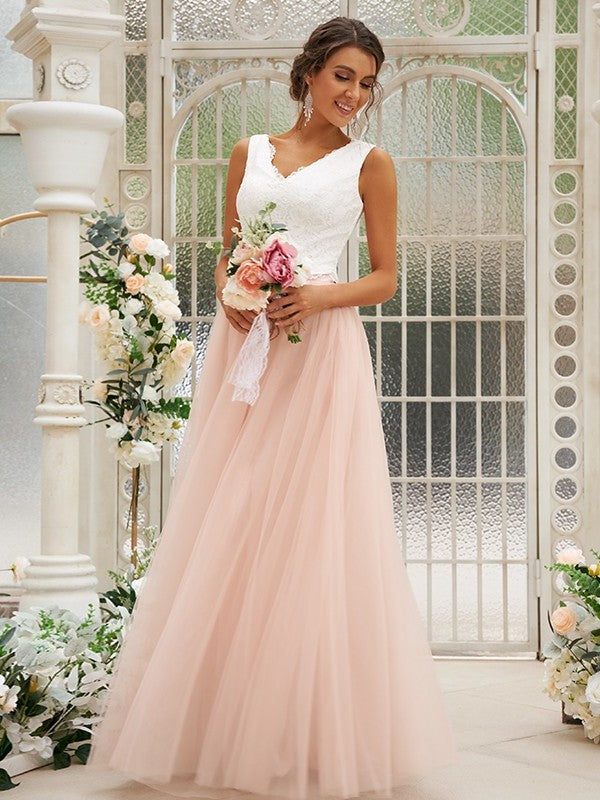 V-neck Tulle Lace Sleeveless A-Line/Princess Floor-Length Bridesmaid Dresses