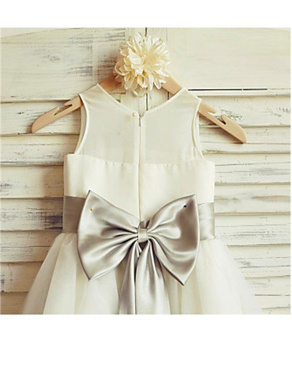 A-line/Princess Tulle Tea-Length Scoop Bowknot Sleeveless Flower Girl Dresses