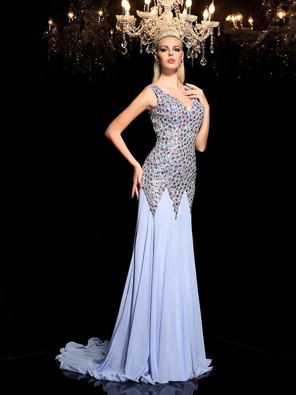 Rhinestone Sleeveless Sheath/Column Straps Long Chiffon Dresses