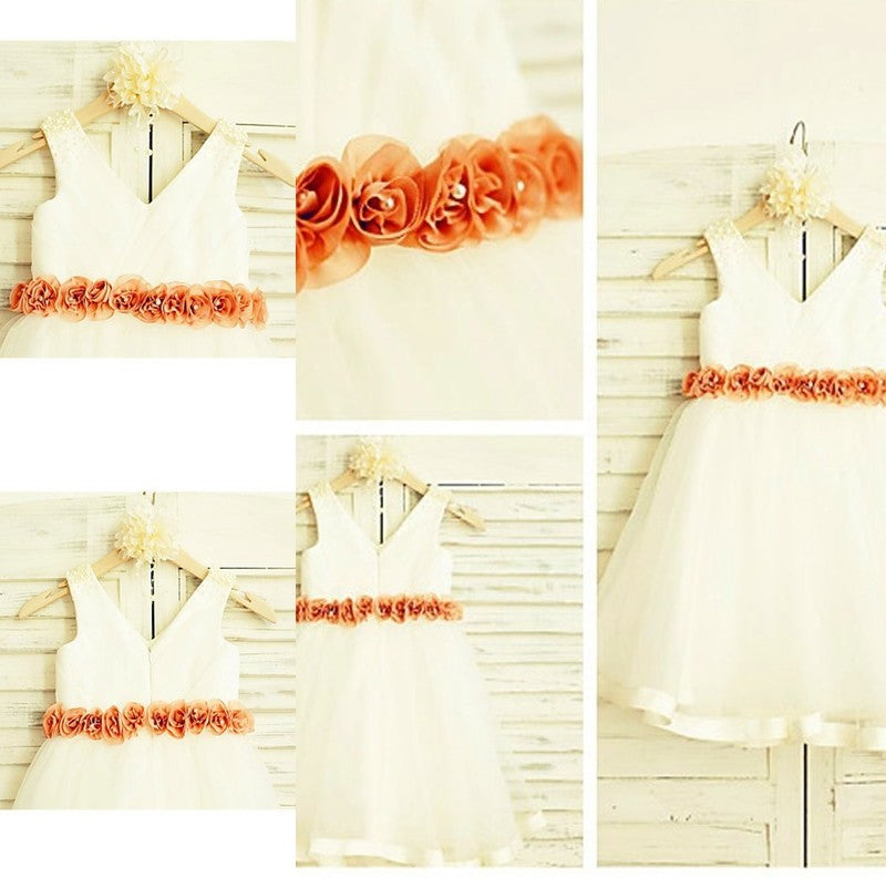 Hand-made Tea-Length A-line/Princess V-neck Flower Tulle Sleeveless Flower Girl Dresses