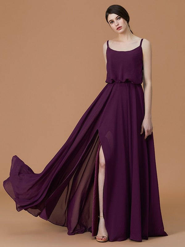 Spaghetti Ruffles Straps Sleeveless A-Line/Princess Floor-Length Chiffon Bridesmaid Dresses