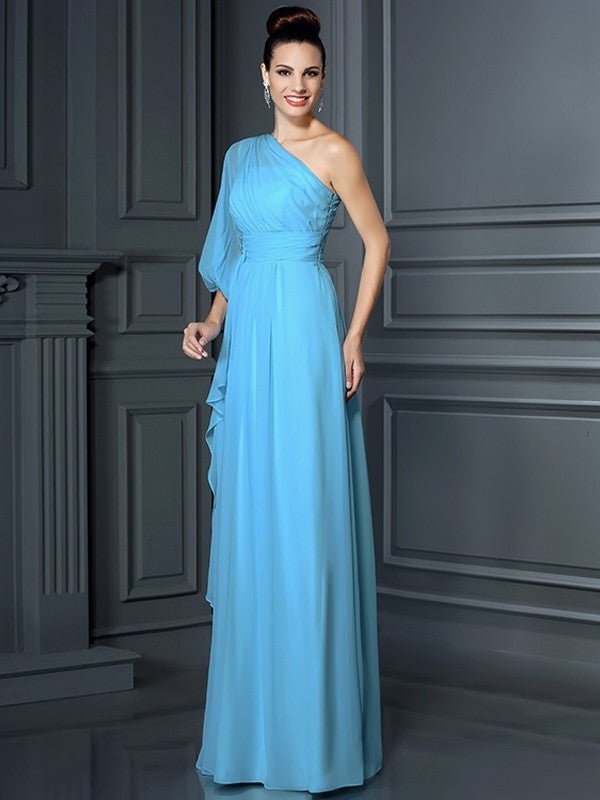 3/4 Sheath/Column Long One-Shoulder Sleeves Chiffon Bridesmaid Dresses