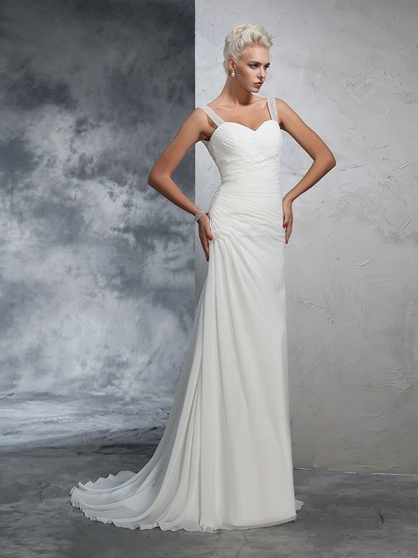 Straps Trumpet/Mermaid Ruched Long Sleeveless Chiffon Wedding Dresses