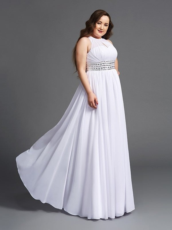 Long Chiffon Sleeveless A-Line/Princess Jewel Beading Plus Size Dresses