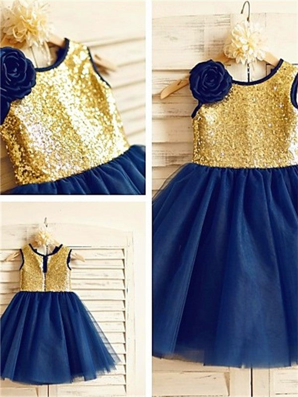 Sleeveless Sequin Scoop Tulle Tea-Length A-line/Princess Flower Girl Dresses