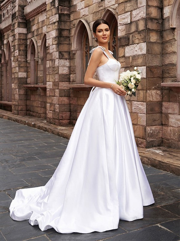 Straps A-Line/Princess Ruffles Satin Sleeveless Sweep/Brush Train Wedding Dresses