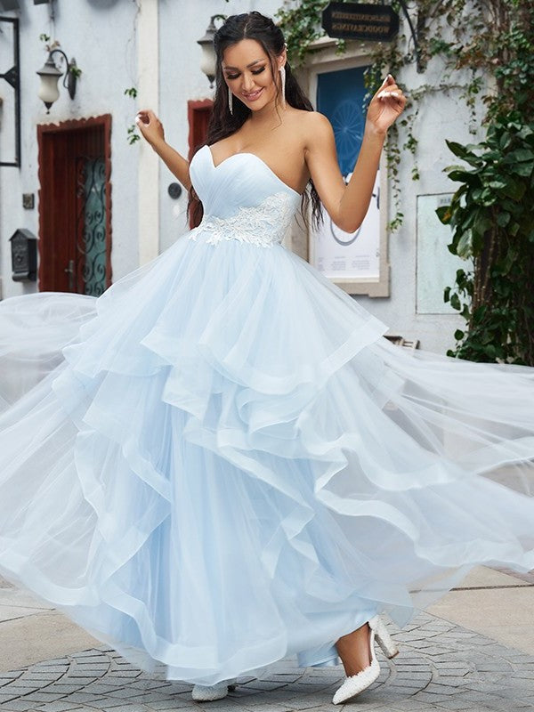 A-Line/Princess Sweetheart Applique Tulle Sleeveless Floor-Length Dresses