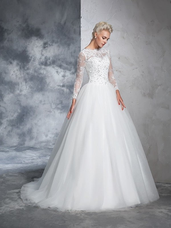 Long Bateau Long Ball Gown Lace Sleeves Net Wedding Dresses