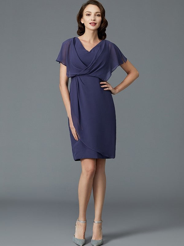 Chiffon V-neck Sleeves Short of Mother Knee-Length Sheath/Column the Bride Dresses