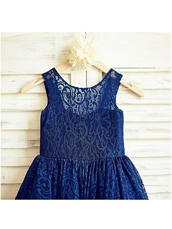 Scoop Lace Bowknot Sleeveless Tea-Length A-line/Princess Flower Girl Dresses