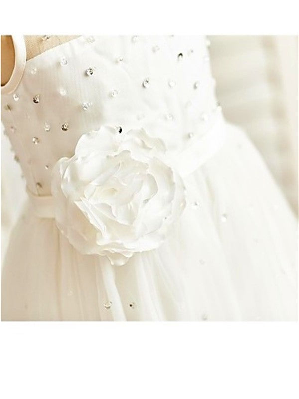 Scoop Hand-made Tulle A-line/Princess Tea-Length Flower Sleeveless Flower Girl Dresses