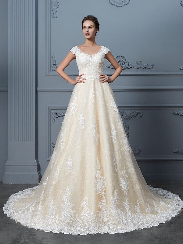 Sweetheart Gown Ball Court Sleeveless Train Beading Lace Wedding Dresses