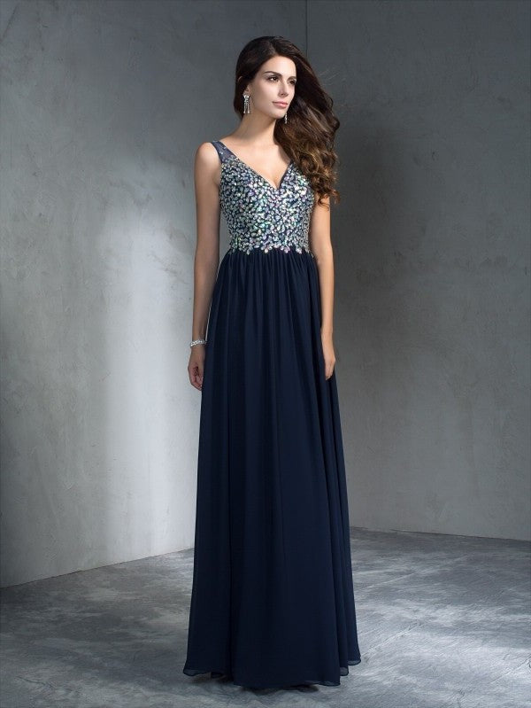 A-Line/Princess V-neck Sleeveless Beading Long Chiffon Dresses