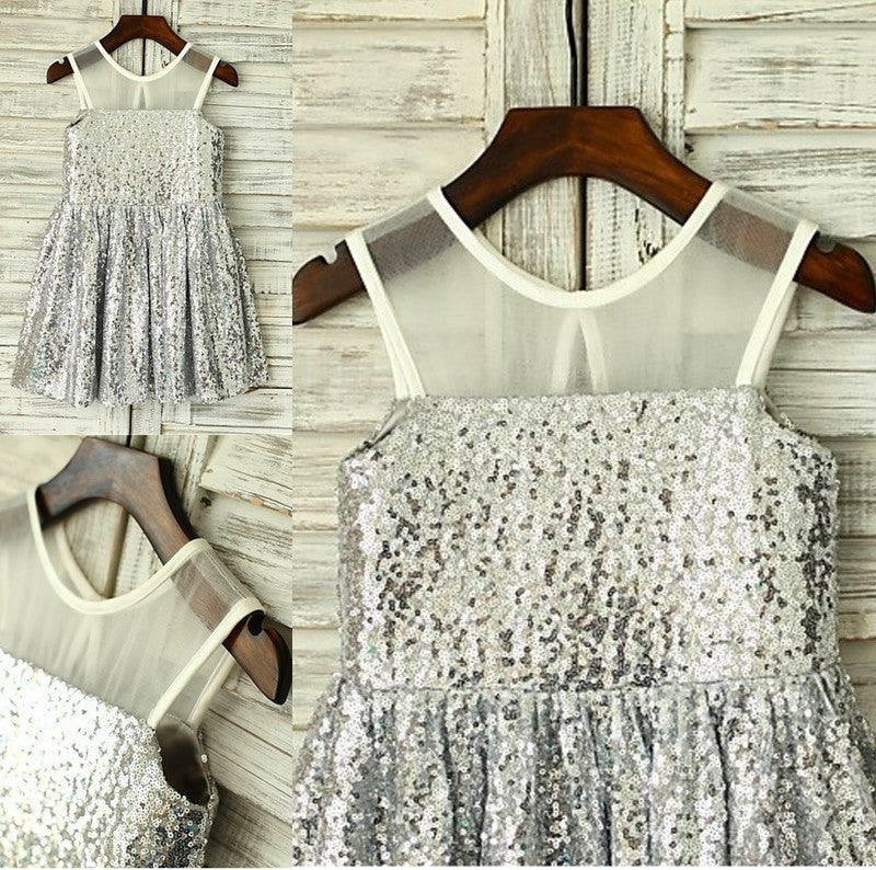 Sequins Scoop A-line/Princess Sleeveless Tea-Length Flower Girl Dresses