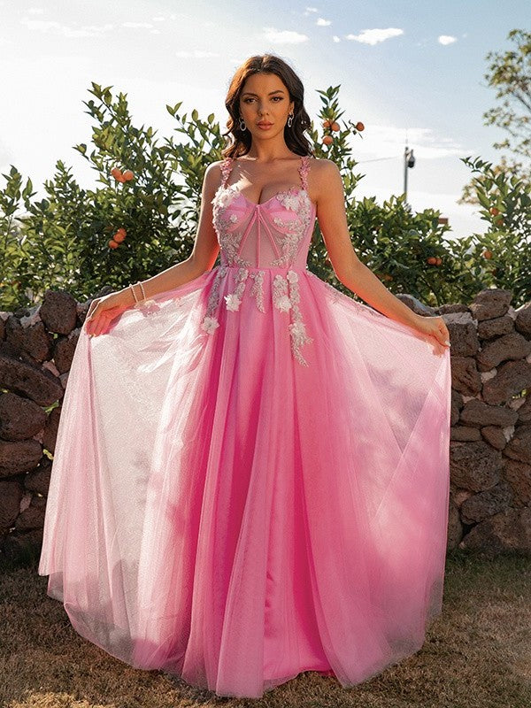 Tulle Straps Applique A-Line/Princess Sleeveless Floor-Length Dresses