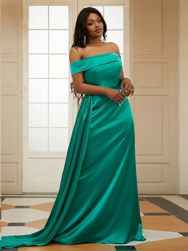 like Silk Sleeveless Satin Off-the-Shoulder Ruffles Sheath/Column Sweep/Brush Train Dresses