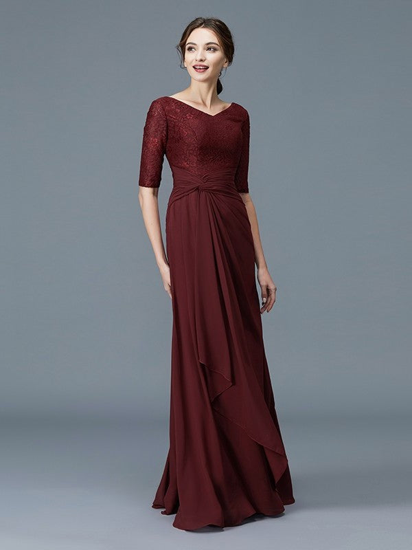 V-neck Floor-Length Sleeves Mother 1/2 of Ruffles Chiffon A-Line/Princess the Bride Dresses