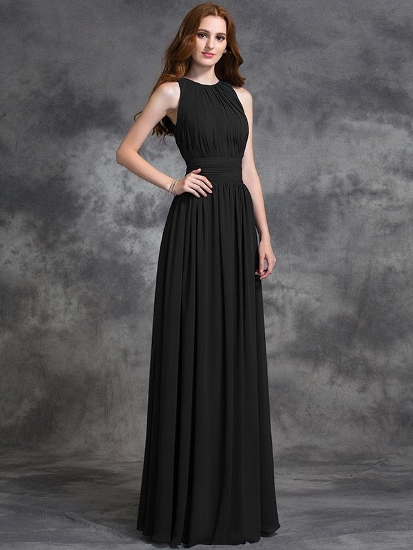 Sleeveless Long A-line/Princess Ruched Jewel Chiffon Bridesmaid Dresses