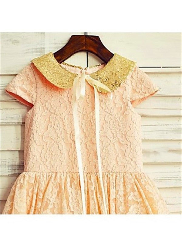 Tea-Length Short Lace Sequin Sleeves Scoop A-line/Princess Flower Girl Dresses