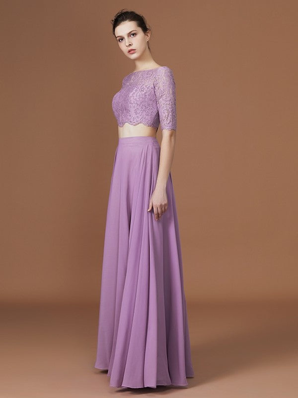 Sleeves Off-the-Shoulder Floor-Length 1/2 A-Line/Princess Lace Chiffon Bridesmaid Dress