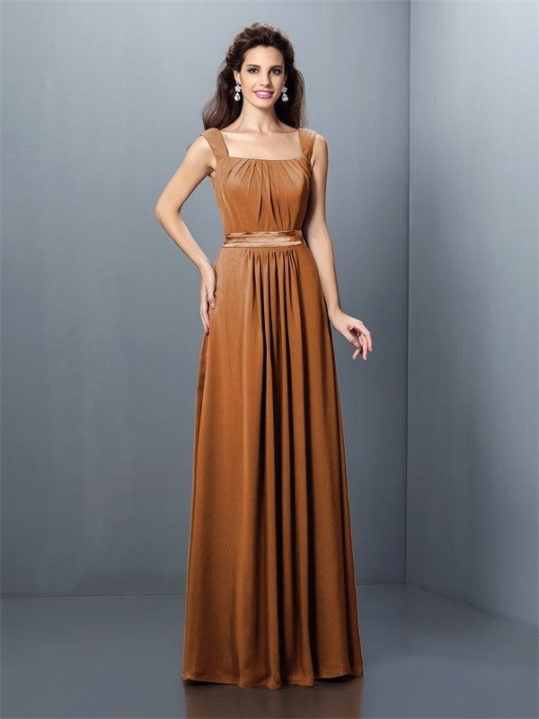 Square Sleeveless Pleats Long A-Line/Princess Chiffon Bridesmaid Dresses