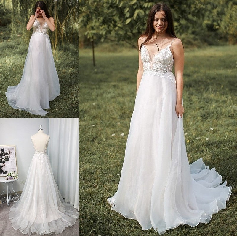 Sweep/Brush A-Line/Princess Spaghetti Straps Sleeveless Chiffon Applique Train Wedding Dresses