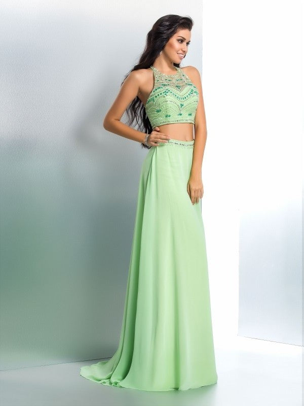 Chiffon A-Line/Princess Beading Halter Long Sleeveless Two Piece Dresses