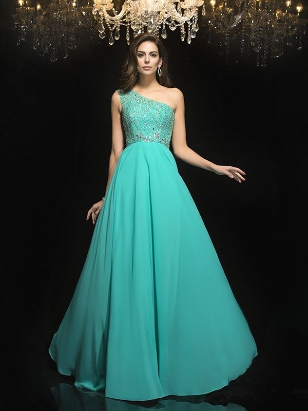 Beading A-Line/Princess One-Shoulder Sleeveless Long Chiffon Dresses